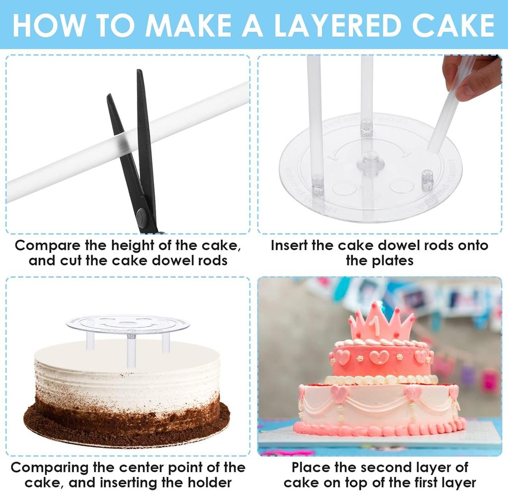 Multi-layer Cake Stand Reusable Cake Separator Plates and Plastic Cake Dowel Rods Set for Tiered Cake Construction and Stacking