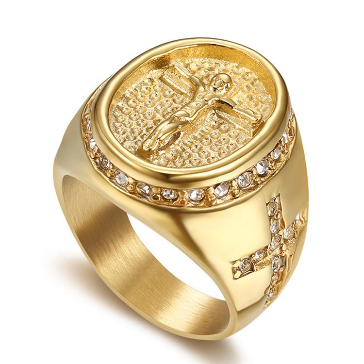 European & American Hip Hop Style Cross Diamond Gold-Plated Stainless Steel Ring