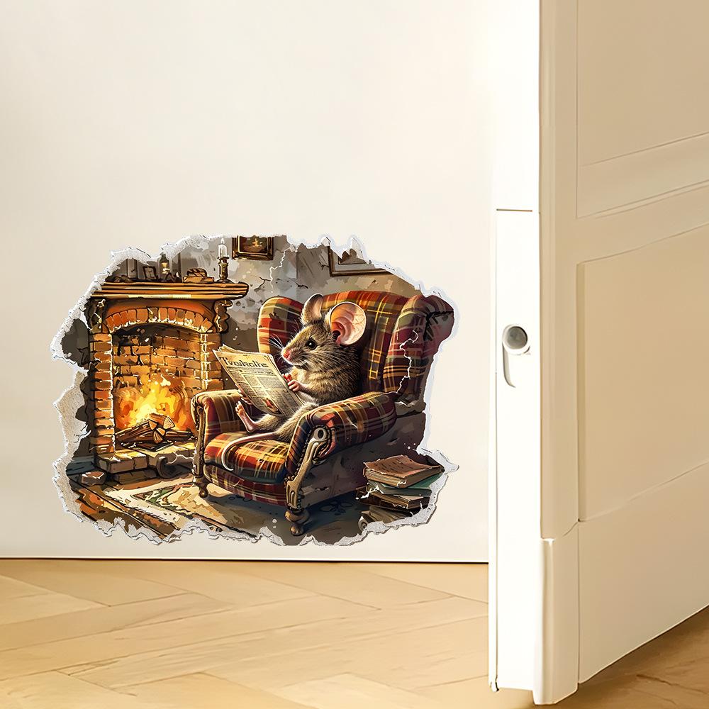 Funny Mouse Reading Newspaper Sticker No Glue Easy Apply Vintage Living Room Wall