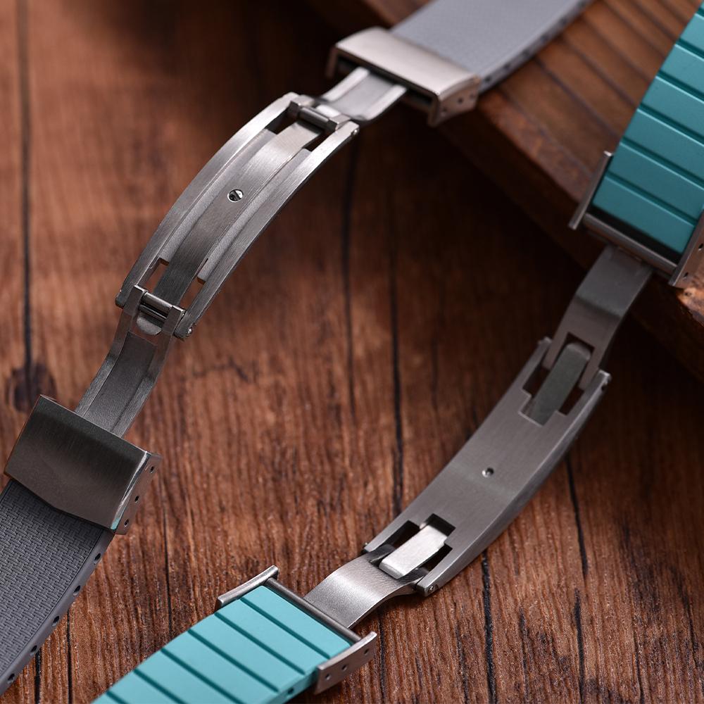 20mm Delugs CTS FKM Gummi Uhrenarmbänder mit 4 Farben Schmetterlingsschließe Einzigartige Textur Schnellverschluss Uhrenarmband für Markenuhr