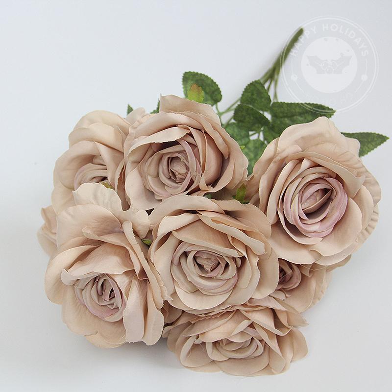 10 Flowers/Bunch Vintage Roses Coffee Bean Paste Purple Grey Pink Silk Bouquet For Birthday Party Wedding Decoration Room Layout