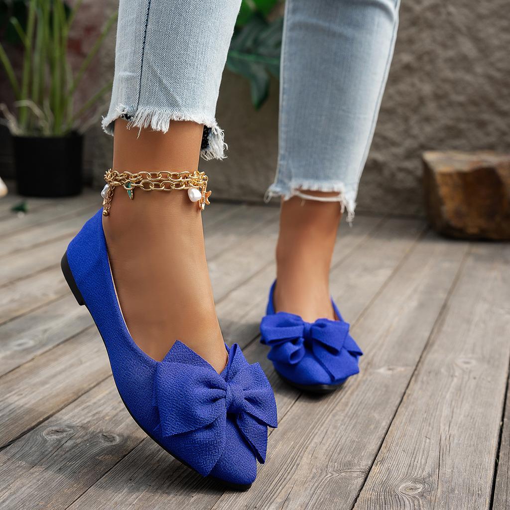 Large-sized Pointed-toe Flat Shoes, Women's Bean-shaped Shoes with Bows, Casual Shoes for Women