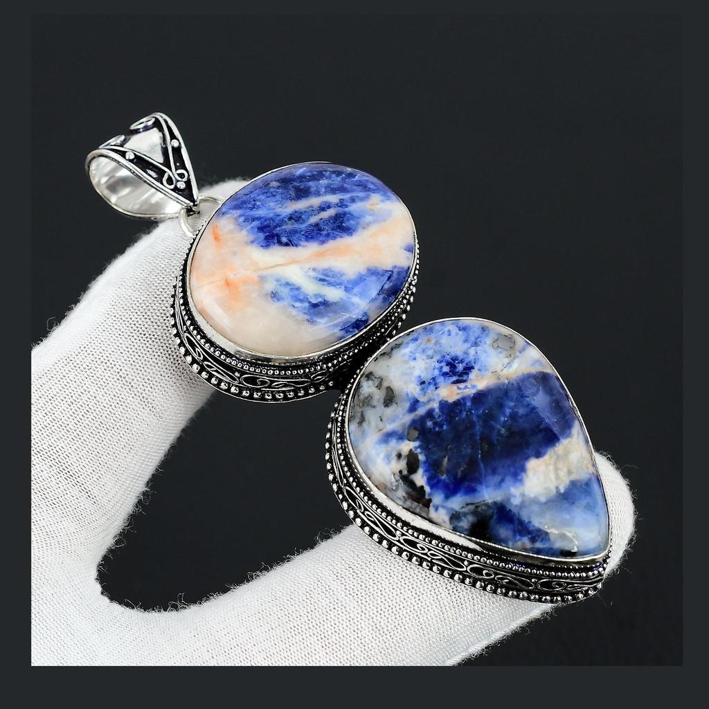 Sodalite Gemstone Handmade 925 Sterling Silver Jewelry Pendant Double Stone Antique Pendant Natural Sodalite Gemstone Pendant For Gifts
