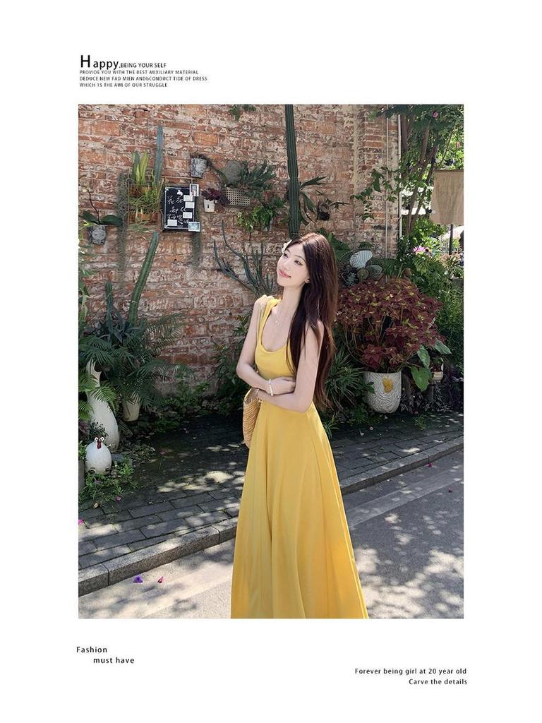 Yellow Retro French Square Neck Spaghetti Strap A-Line Plus Size Summer Dress