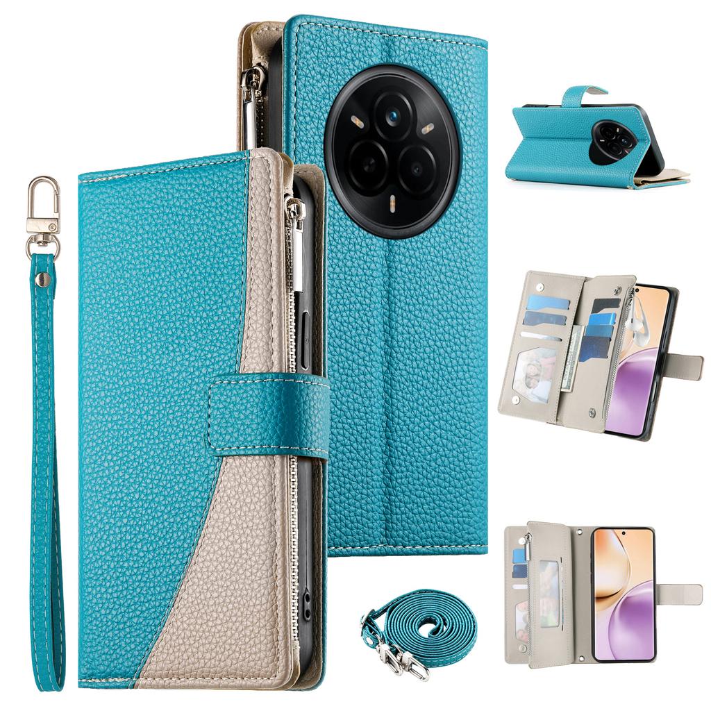 For Realme 14 Pro 5G Case Zipper Wallet Color Splicing Leather Flip Phone Cover with Straps