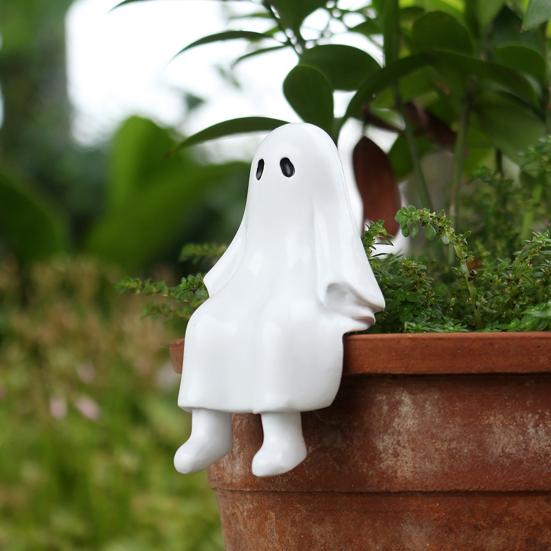 Sitting Ghost Figurine Halloween Ghost Statue Resin Desk Ghost Ornament for Indoor Planter Bookshelf Cabinet Decoration