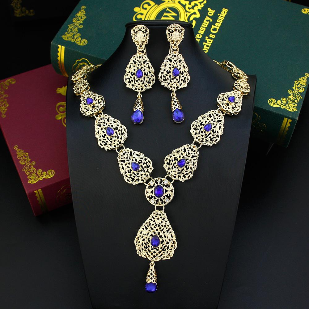 

Наборы ювелирных изделий золотого цвета, длинные серьги, ожерелье, комплект для женщин, полый кулон в стиле арабески, ожерелье, ювелирные изделия для невесты синий