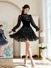 Retro Puff Sleeve Chiffon Floral Velvet Patchwork Dress - Waist-Cinched Short Skirt