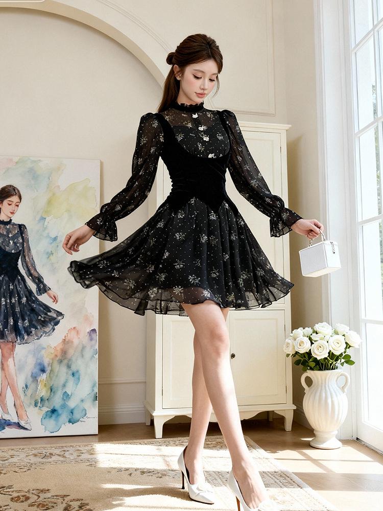 Retro Puff Sleeve Chiffon Floral Velvet Patchwork Dress - Waist-Cinched Short Skirt