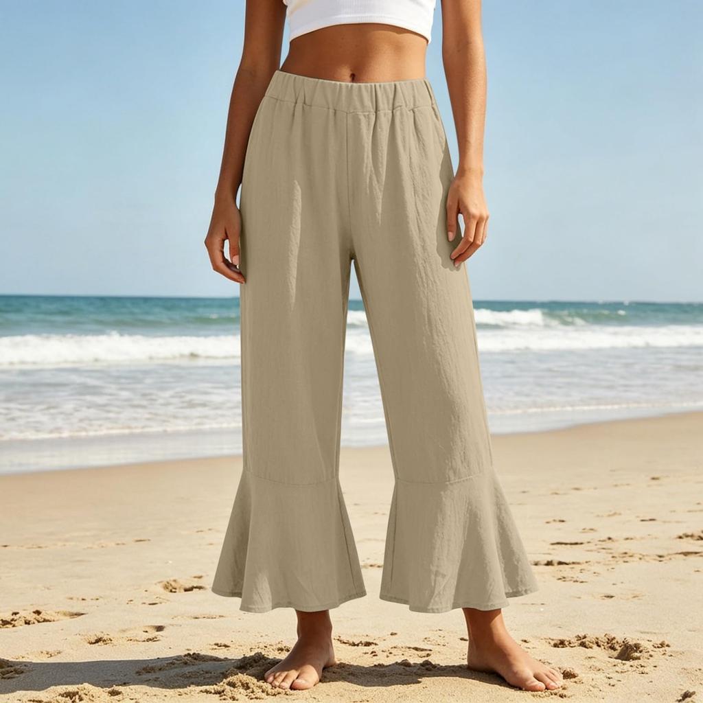 Damen Sommer Lässig Elastischer Bund Weites Bein Schlagende Caprihosen Strand Lockerer Schnitt Leicht Atmungsaktiv