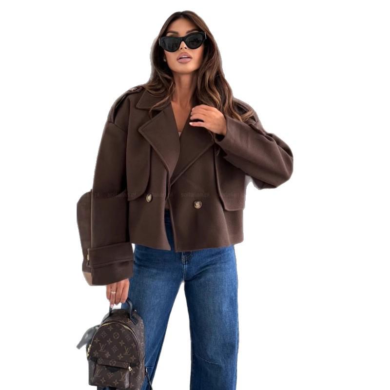 Podzimní/Zimní Jednobarevný Ležérní Vlněný Kabát s Dlouhým Rukávem