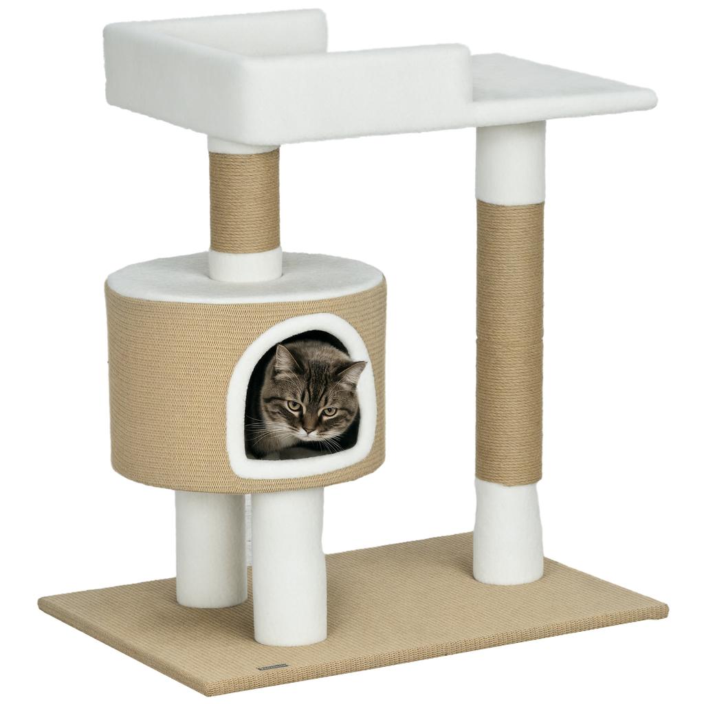 Scratching Post Cat Tree Cat Cave, 1 Cat Cave, 1 Lying Area, 70 cm x 49 cm x 79 cm, Natural + White