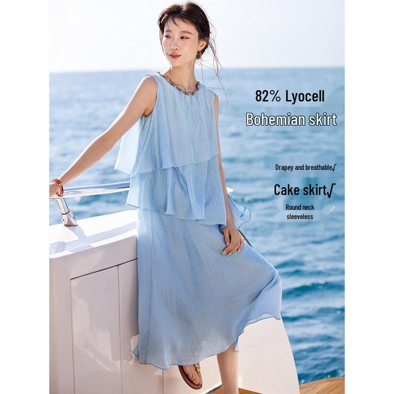Mohan Yimei Women s Lyocell Bohemian Sleeveless Tiered Midi Dress M