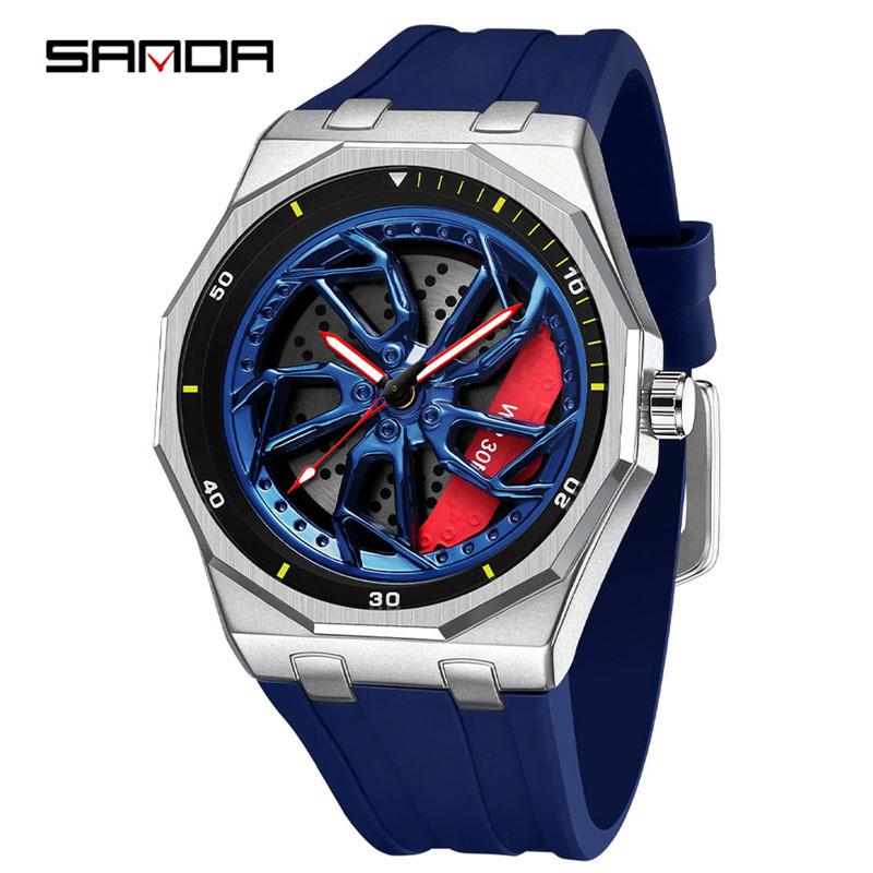 Sanda Brand Men's 360° Rotating Wheel Hubcap Design Quartz Watch Fashion Sports Silicone Waterproof For Daily Wear Hollow Watch