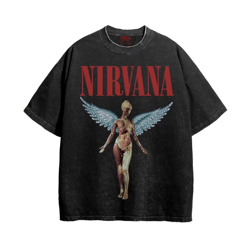 Nirvana Angel Graphic Vintage Washed T-Shirt, Retro Rock Band Oversized Cotton Tee, Streetwear Tops
