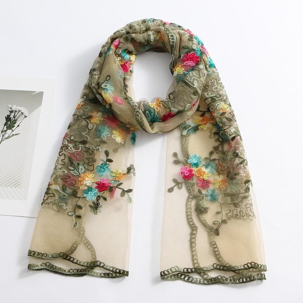 Embroidered Ethnic Sheer Shawl Breathable Long Lace Scarf Boho Floral Headwrap Beach Vacation легкие хаки