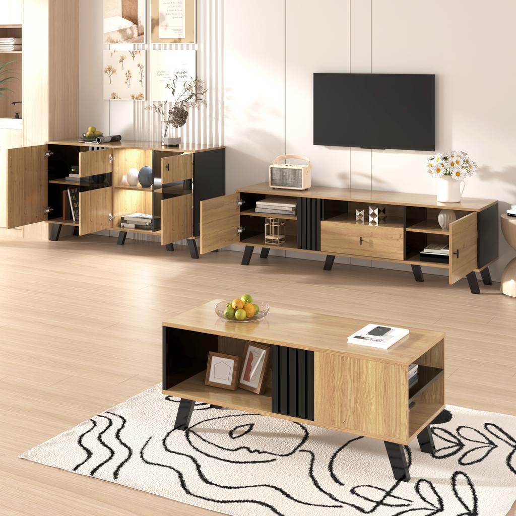 Side Cabinets, Sideboard, Display Cabinets with Glass and LED Lighting. Black and Wood Colors, Black Wood Strip Design [OLD SKU:WF313229230SAA]
