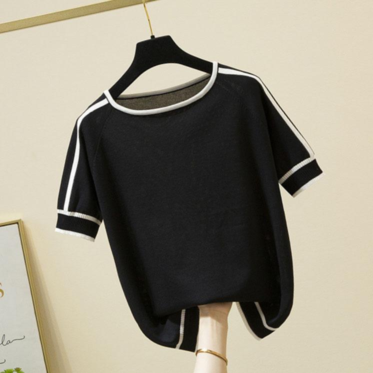 Summer Short Sleeve Tops Casual Thin Knitted T-Shirt Elegant Woman Clothes Striped Fashion Tee Shirt Femme