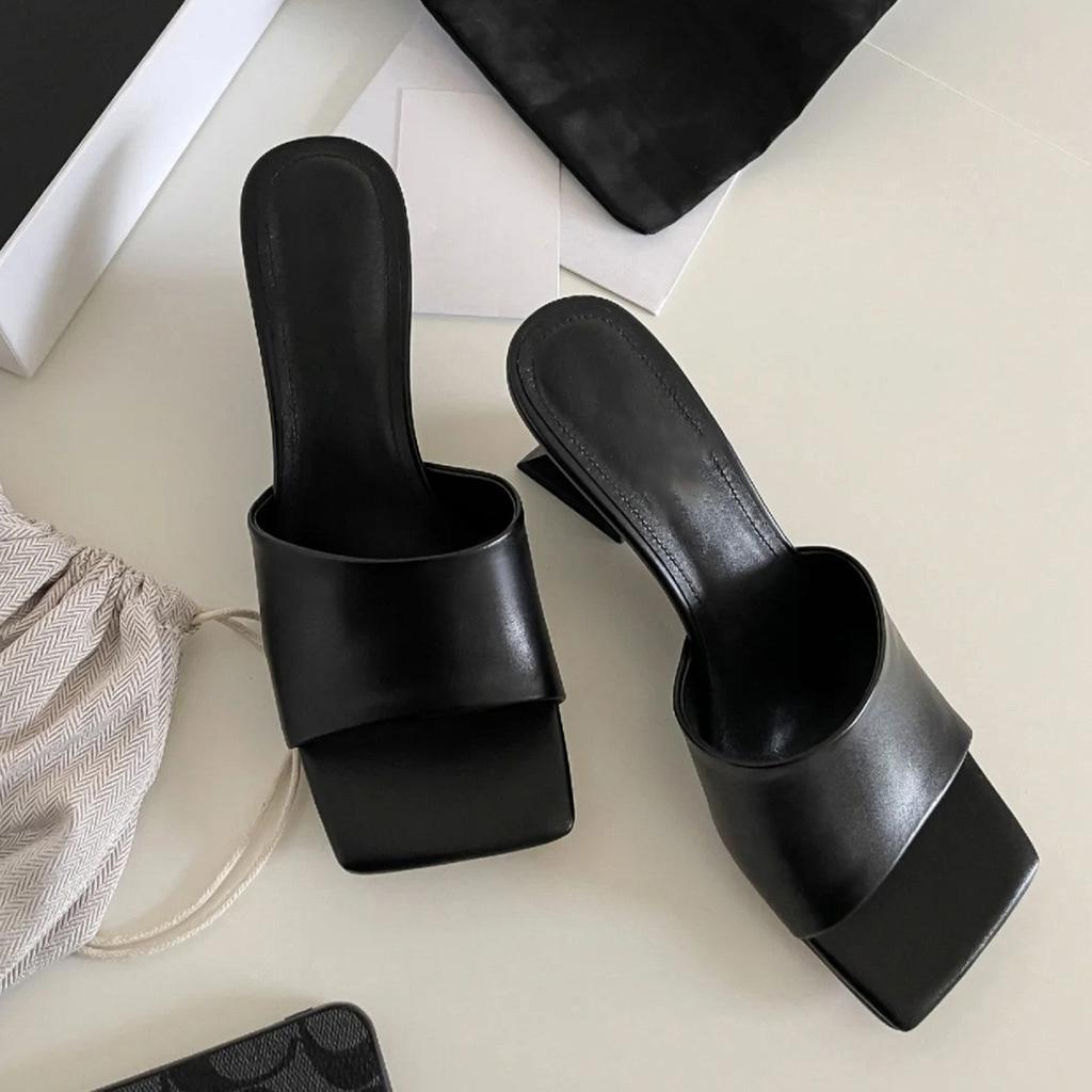 2026Women's Slippers Simple Elegant Square Toe Strange Heel One Word Slippers Summer Outdoor Casual Versatile High Heel Slippers