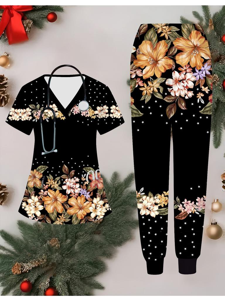 3D Flower Printed Women's Nurse Uniform Set Short Sleeve Long Pants with Pocket Casual Fashionable Christmas Gift