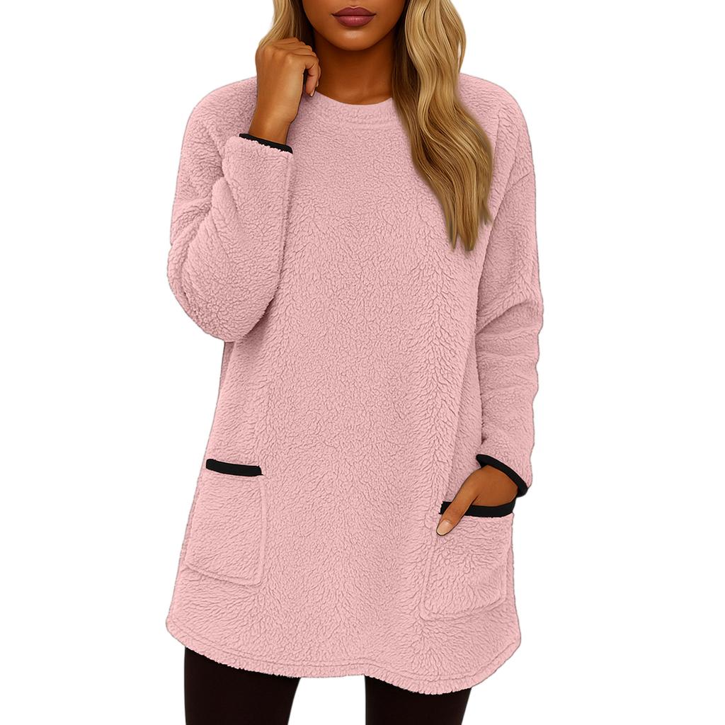 Women's Fashionable Solid Color Round Neck Long Sleeved Warm Plush Casual Top