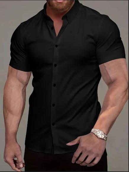 European And American Men'S Short-Sleeved Shirt 3D Digital Printing Casual Versatile Solid Color Muscle Men'S Lapel Shirt