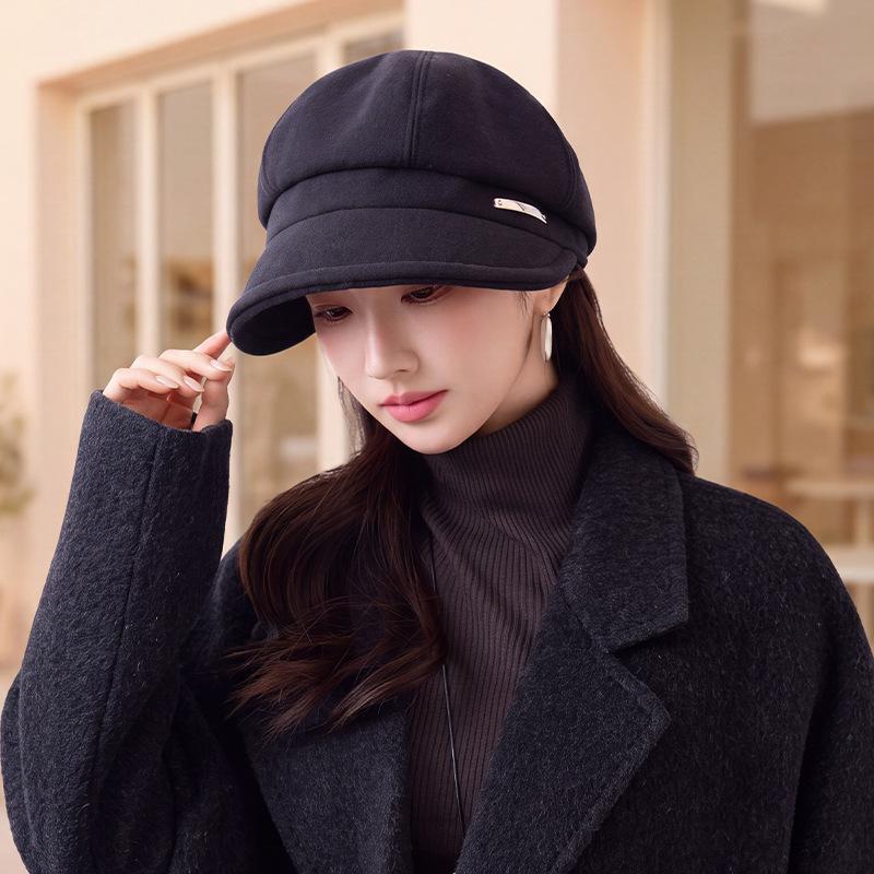 Retro Solid Color Octagonal Hat Autumn and Winter Big Eaves Show the Face Small Peaked Hat Simple Warm Woolen Hat Women's