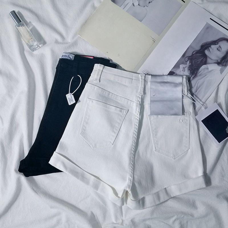 Summer High Waist Stretchy Denim Shorts Pants Women Fashion Light Color Tight Fit Rolled Hem