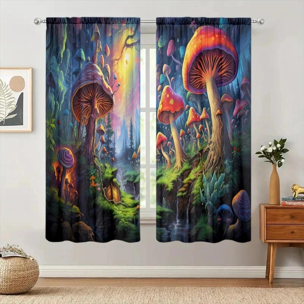 JIT 2pcs Vivid Mushroom Curtains  Forest Design  Room Darkening  Polyester  Home Decor  Rod Pocket for Holiday Windows