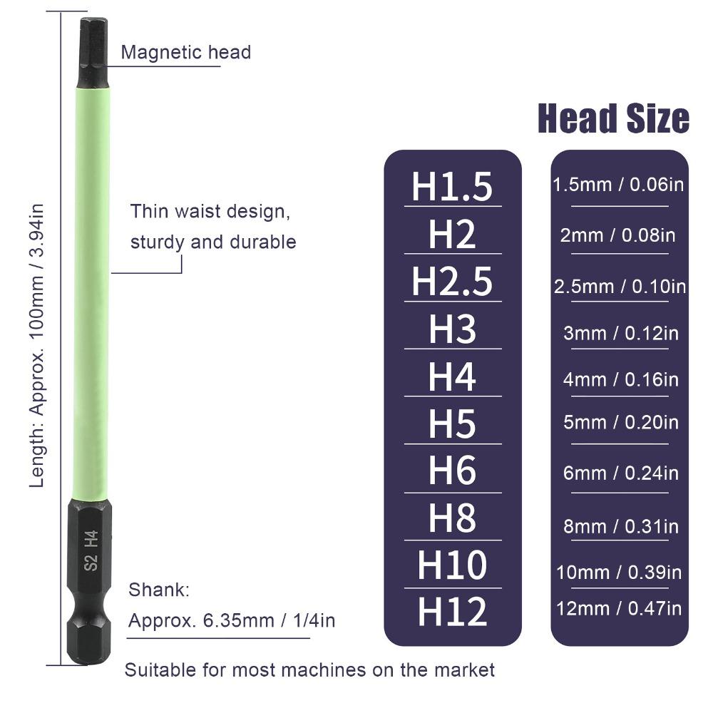 10pcs Magnetic Tips Hex Drill Bit Set S2 Alloy Steel H1.5 To H12 Allen Wrench Drill Bit Latest Version Black 100mm Long