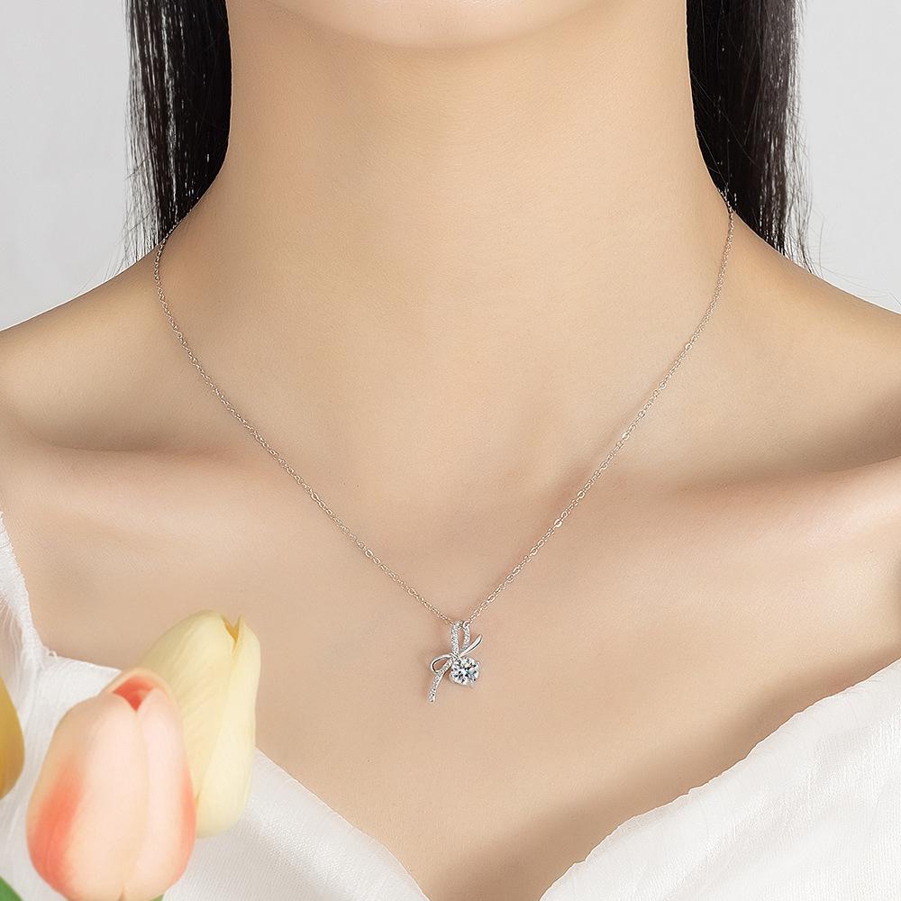 925 Sterling Silver Fashion Light Luxury Bow Zircon Pendant Necklace Birthday Party Anniversary Gift