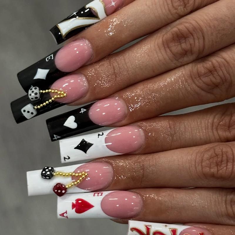 

24Pcs Extra Long Coffin Press On Nails, Nude Pink with Black & White Poker Print & 3D Dice Fake Nails United States