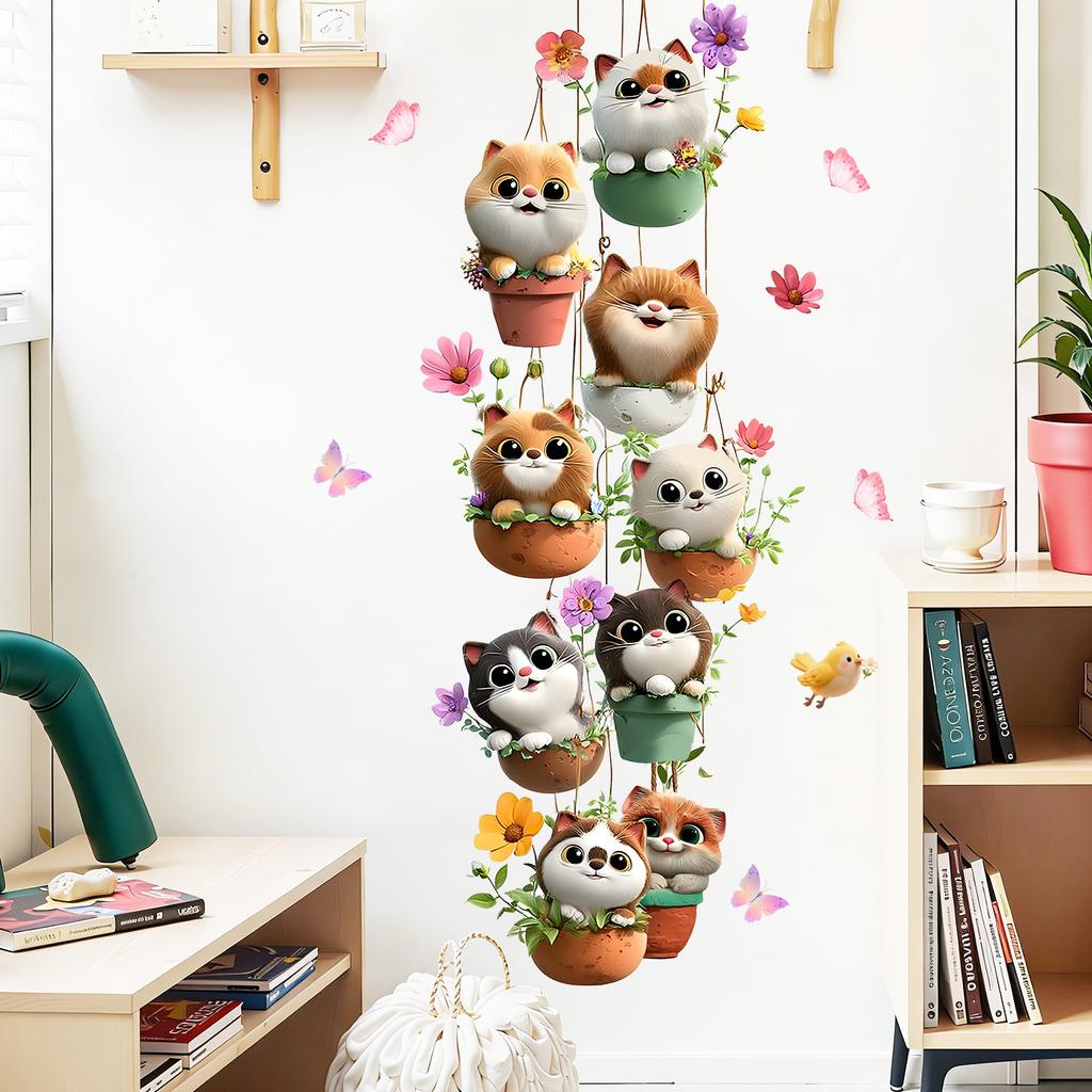 Hanging Cat In Flower Pot Wall Sticker Cute Colorful Cat Floral Butterfly Self-Adhesive Waterproof Bedroom Living Room Home Decor