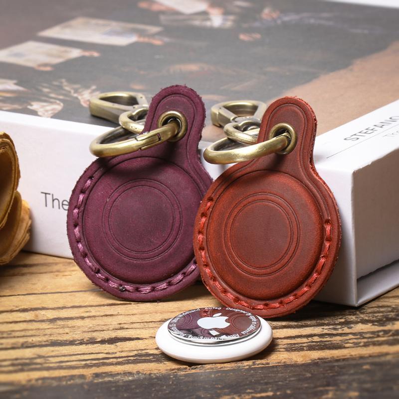 For Airtag Leather Protective Case Keychain Vintage Pets Tracker Case Anti-Loss Locator Holder Access Card Holder