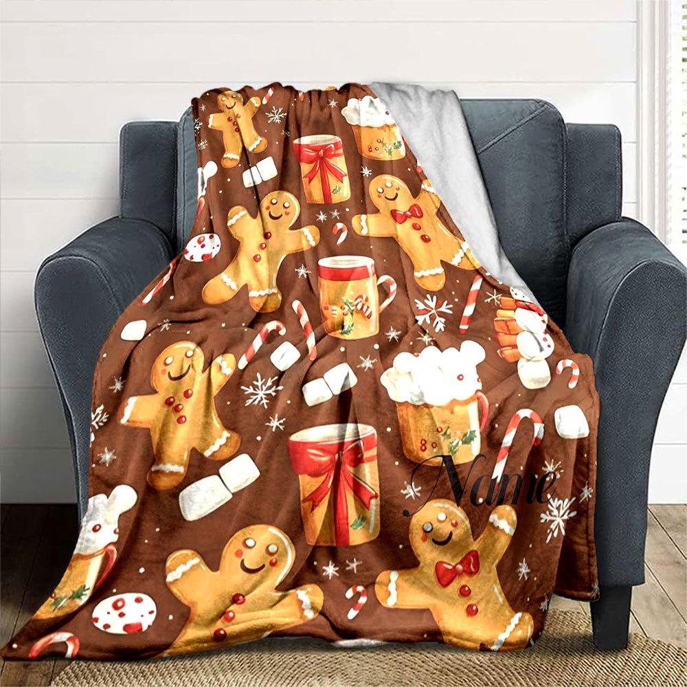 Gingerbread Men And Holiday Drinks Home Customize Your Name Blankets Soft And Cozy With Lightweight Design Perfect For Picnics Sofa Office Bed Living