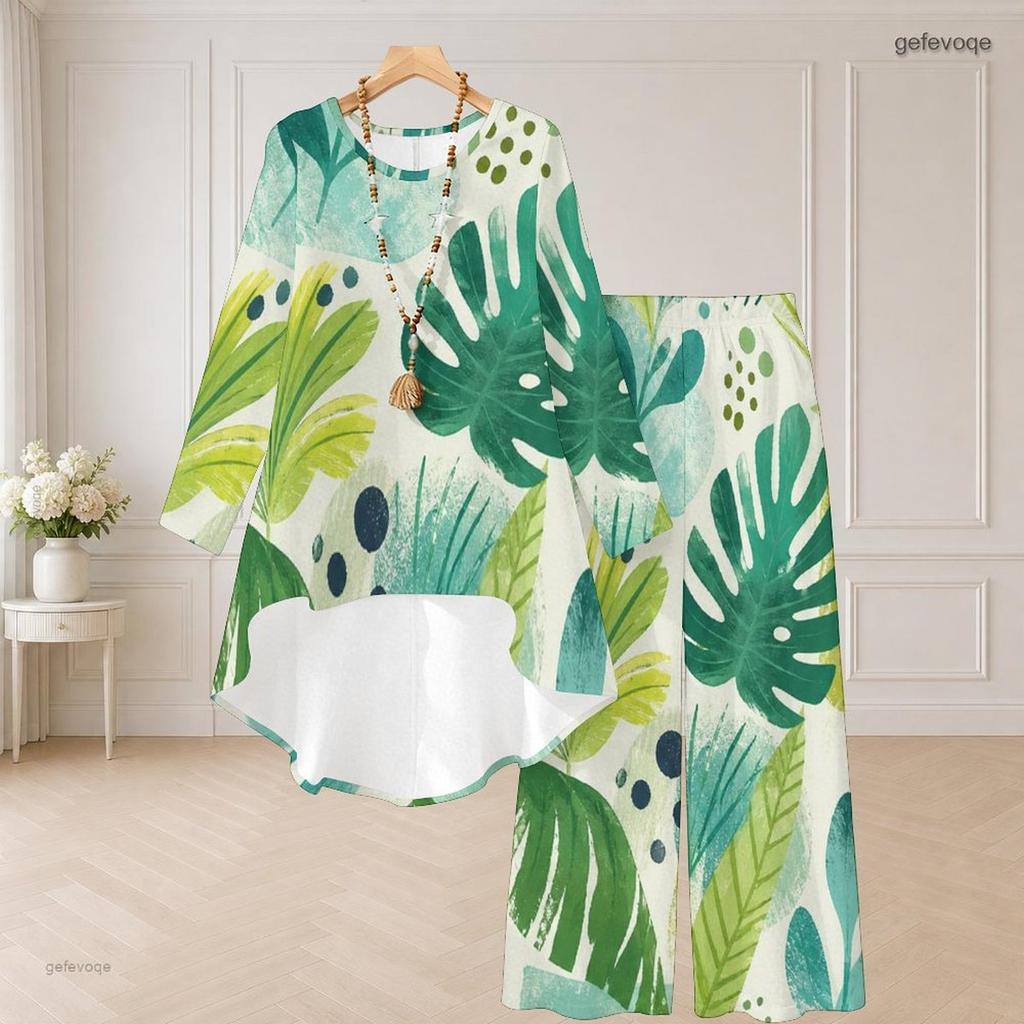 Women Plus Size Round Neck Long Sleeve Printed High Low Top Wide Leg Pants Two Piece Set