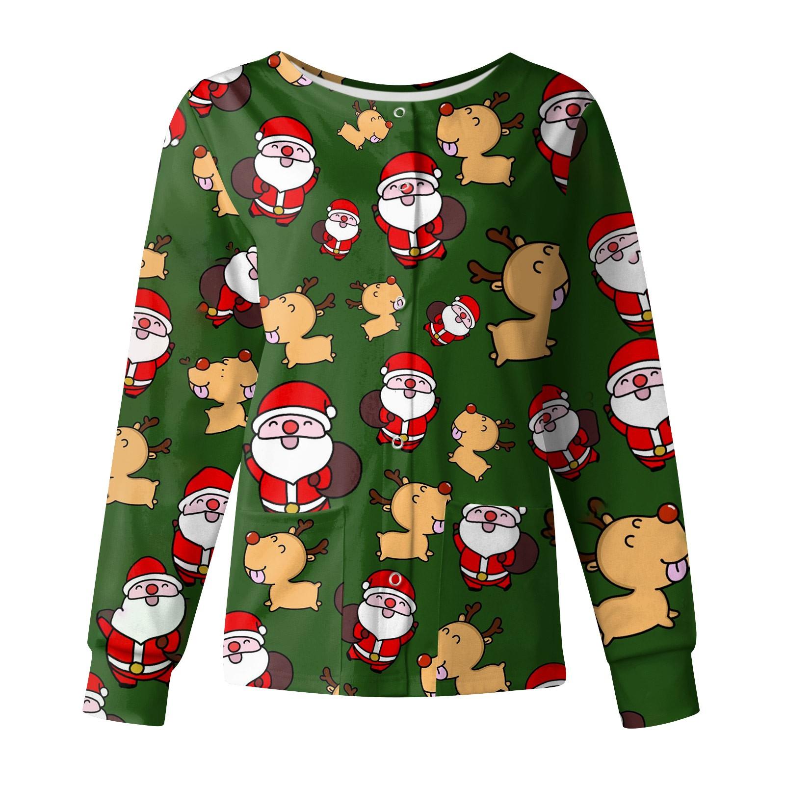 

Women s Casual Fashion Stand-up Collar Single Breasted Christmas Printed Nurse s Uniform Top L зелений