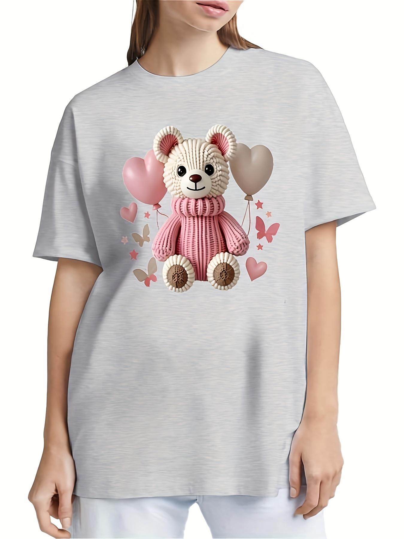 

Принтованная и эластичная футболка с коротким рукавом, повседневная, с круглым вырезом, подходящая для ежедневной носки, женская, с милым плюшевым мишкой и воздушным шаром 4XL