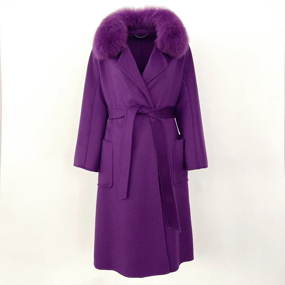 OFTBUY 2024 Autumn Winter Real Fox Fur Collar Water Ripple Double-Sided Woolen Coat Women Long Coat 100% Wool Removable Fur Collar