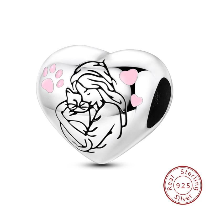 I Love My Pets Charms Beads 925 Silver Heart Shaped Pink Zircon Claws Pendants Fit Bracelets Fine DIY Birthday Jewelry