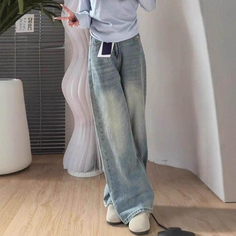 Shallow-colored Wide-legged Jeans Female Spring-summer High-waisted Draping Pear-shaped Figure Loose Straight Pants Retro Baggy Long Jeans for Ladies