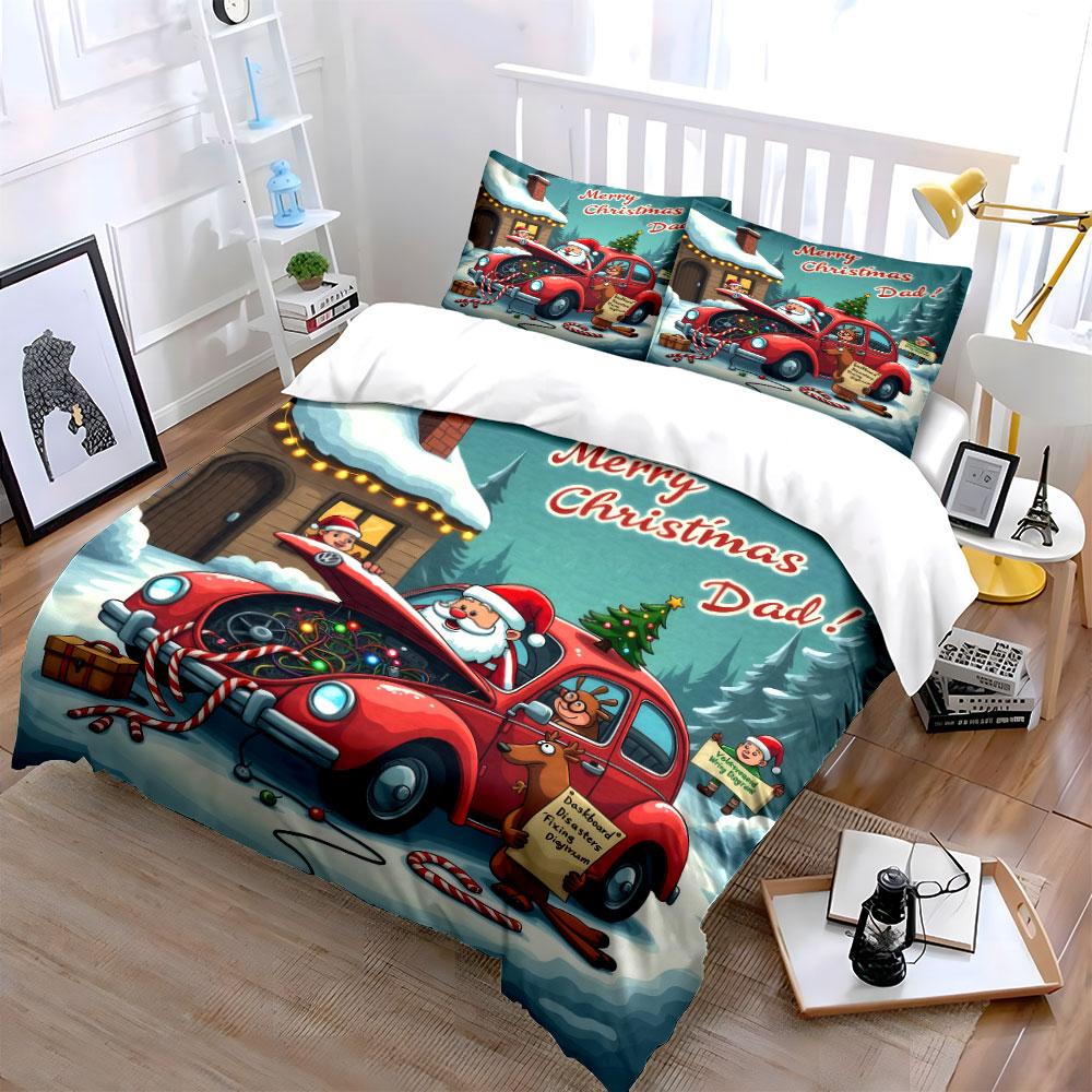 Christmas Car Repair Illustration Bedding Duvet Cover Set  (1*Duvet Cover 2*Pillowcases, Without Duvet Insert)