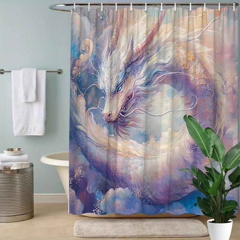 ~O~Lavender Dragon Shower Curtain - Fantasy Design, Flowing Scales & Mystical Sky, Polyester, 12 Hooks, 70.8x70.8 Inches, Washab