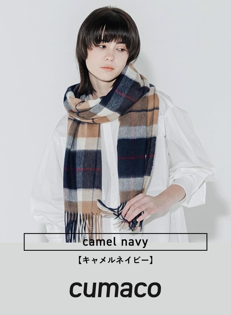 Camel Navy Cashmere and Wool Plaid and Check Thick Wool Brand [cumaco] 15. Stole, Pattern, Unisex, Large, Scarf, Blend, Name, Gift, Brown, Navy,