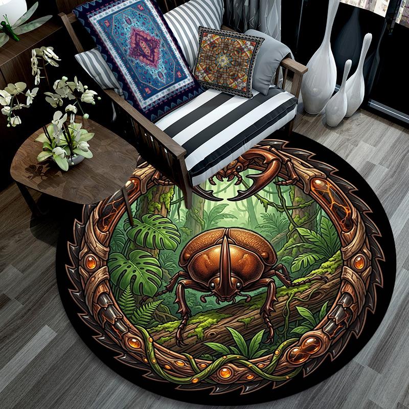 Jungle Beetle Emblem Round Area Rug Under Office Chairs Bedroom Living Room Home Decor 80cm x 80cm