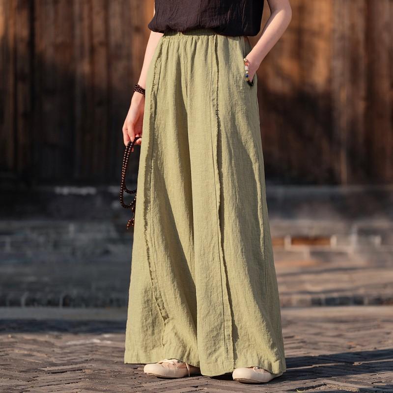Johnature Women Vintage Wide Leg Pants Spring Solid Color Elastic Waist Loose Trousers Patchwork Long Pants