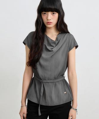 Yujen Cowl Neck Draped Belted Blouse_Charcoal Gray