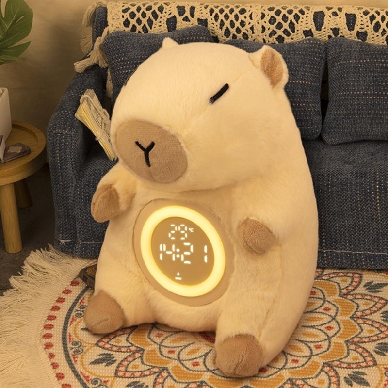 Kinder Plüsch Wecker mit Capybara-Thema und einstellbarer Helligkeit Nachtlicht 2 Alarme Schlummerfunktion USB-wiederaufladbar