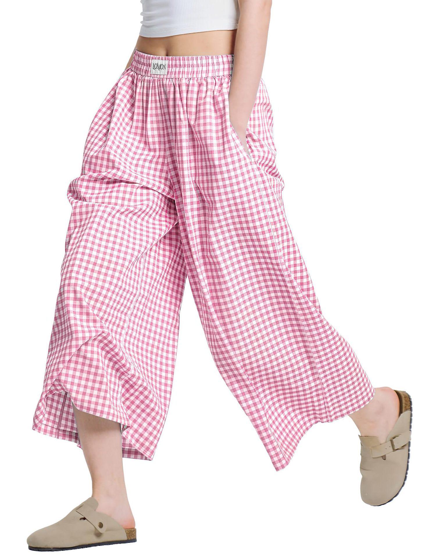 2026 Summer Women s Plaid Casual Wide Leg Slimming Pants Extra Large