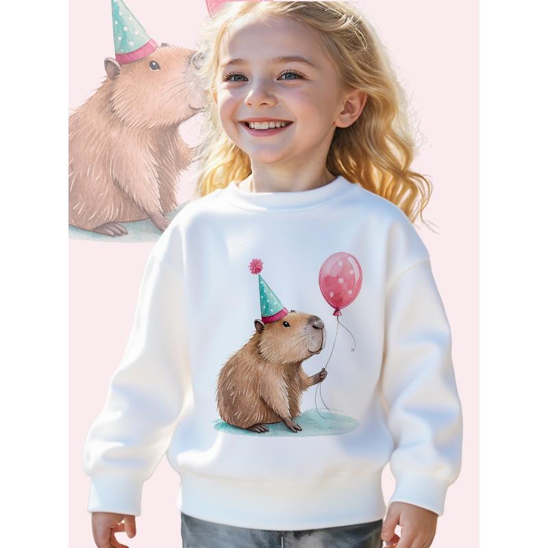 Girls' Cute Capybara & Balloon Birthday Party Sweatshirt - Soft Long Sleeve Crewneck Pullover with Capybara Graphic